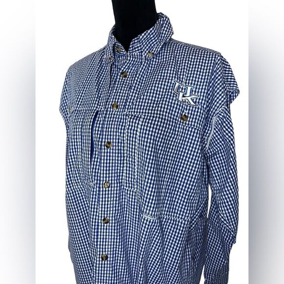 DRAKE UNIVERSITY OF KENTUCKY BLUE CHECKERED BUTTON UP WINGSHOOTERS SHIRT SIZE S - Picture 3 of 11